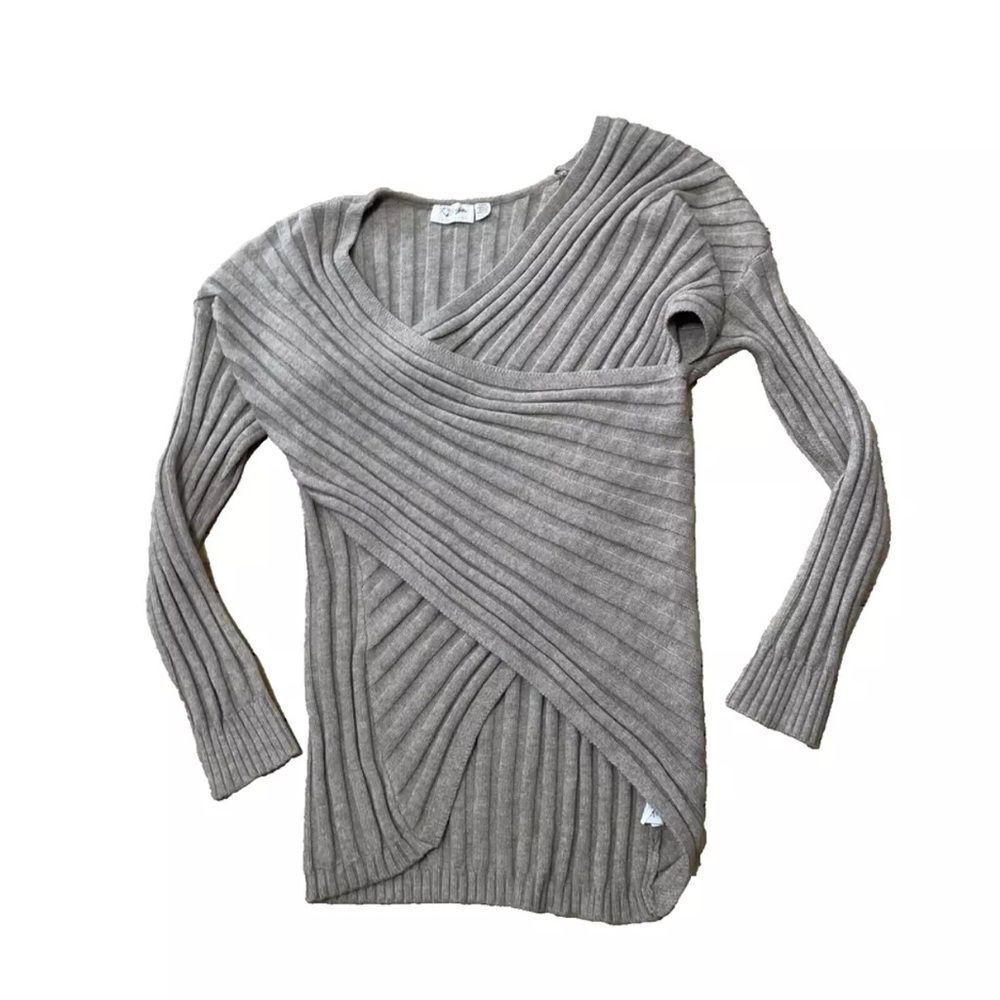 RD STYLE Wrap Sweater Womens S Beige Tan Preppy Pullover V Asymmetric Rib Knit S